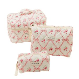 Makeup Bag Quilted Cosmetic Bag Large Floral Cosmetic Bag for Women Cotton Makeup Bag Set Flower Travel Toiletry Bag