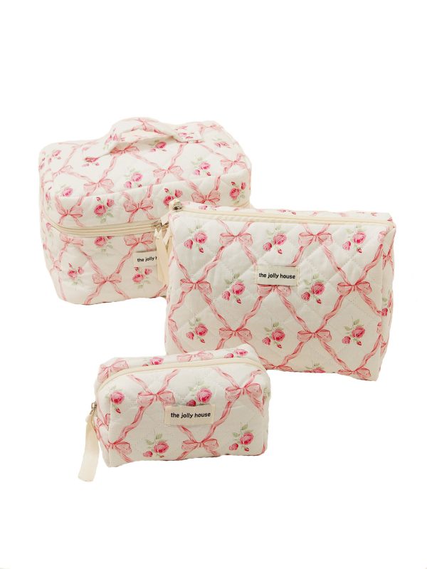 Makeup Bag Quilted Cosmetic Bag Large Floral Cosmetic Bag for Women Cotton Makeup Bag Set Flower Travel Toiletry Bag