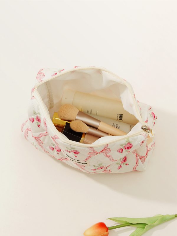 Makeup Bag Quilted Cosmetic Bag Large Floral Cosmetic Bag for Women Cotton Makeup Bag Set Flower Travel Toiletry Bag - 图片 3