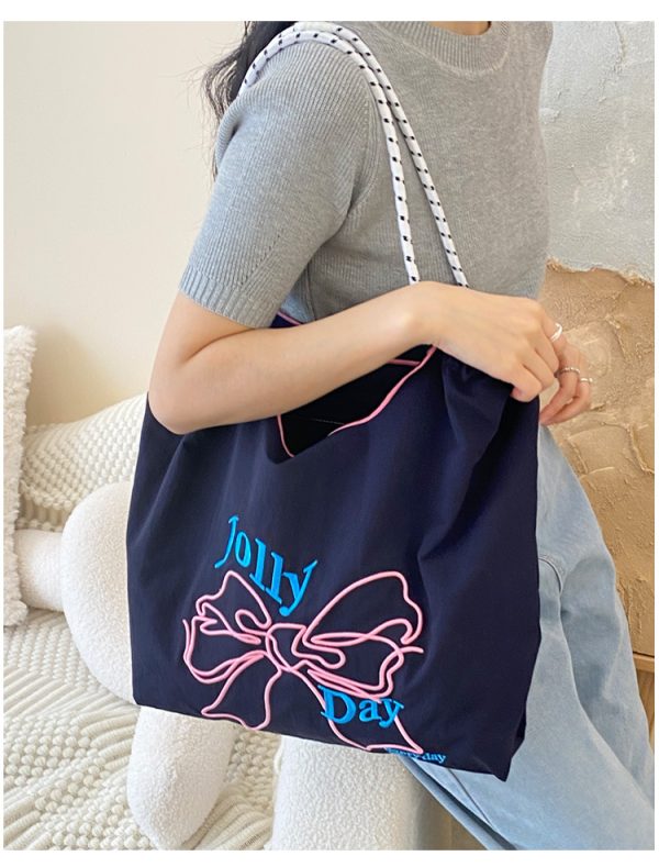 embroidery bowknot tote bag summer beach bag cute shopping bag shoulder bag grocery bag - 图片 2