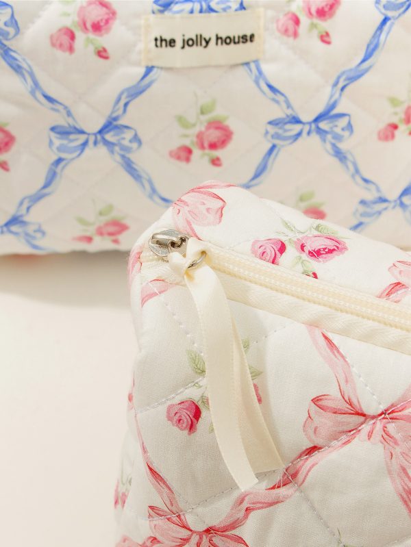 Makeup Bag Quilted Cosmetic Bag Large Floral Cosmetic Bag for Women Cotton Makeup Bag Set Flower Travel Toiletry Bag - 图片 5