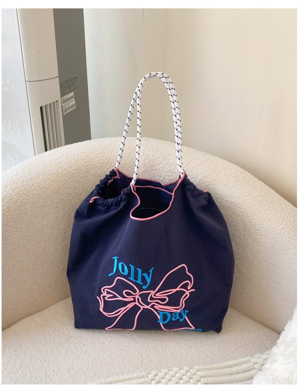embroidery bowknot tote bag summer beach bag cute shopping bag shoulder bag grocery bag - 图片 3