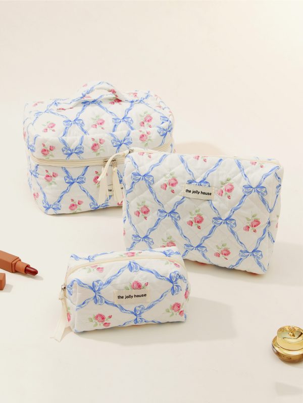 Makeup Bag Quilted Cosmetic Bag Large Floral Cosmetic Bag for Women Cotton Makeup Bag Set Flower Travel Toiletry Bag - 图片 6