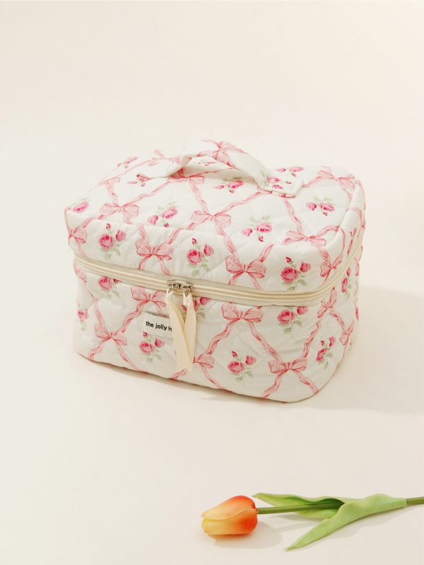 Makeup Bag Quilted Cosmetic Bag Large Floral Cosmetic Bag for Women Cotton Makeup Bag Set Flower Travel Toiletry Bag - 图片 7