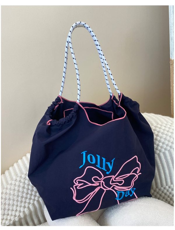embroidery bowknot tote bag summer beach bag cute shopping bag shoulder bag grocery bag - 图片 5