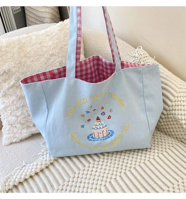 embroidery canvas tote bag summer beach bag cute shopping bag shoulder bag grocery bag - 图片 5