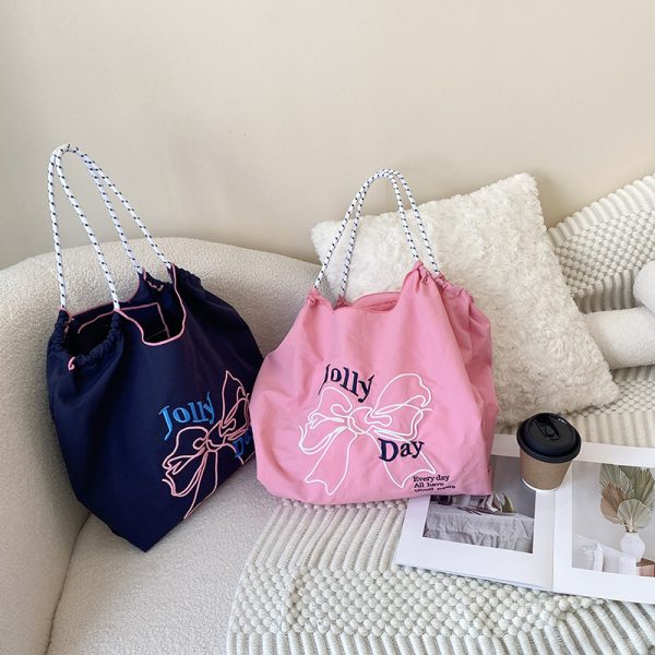 embroidery bowknot tote bag summer beach bag cute shopping bag shoulder bag grocery bag - 图片 6