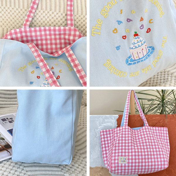 embroidery canvas tote bag summer beach bag cute shopping bag shoulder bag grocery bag - 图片 6