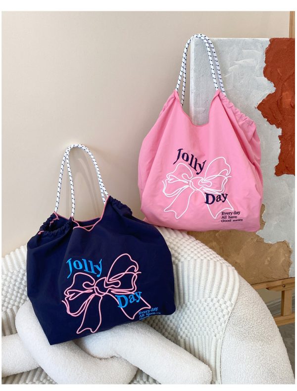 embroidery bowknot tote bag summer beach bag cute shopping bag shoulder bag grocery bag - 图片 7