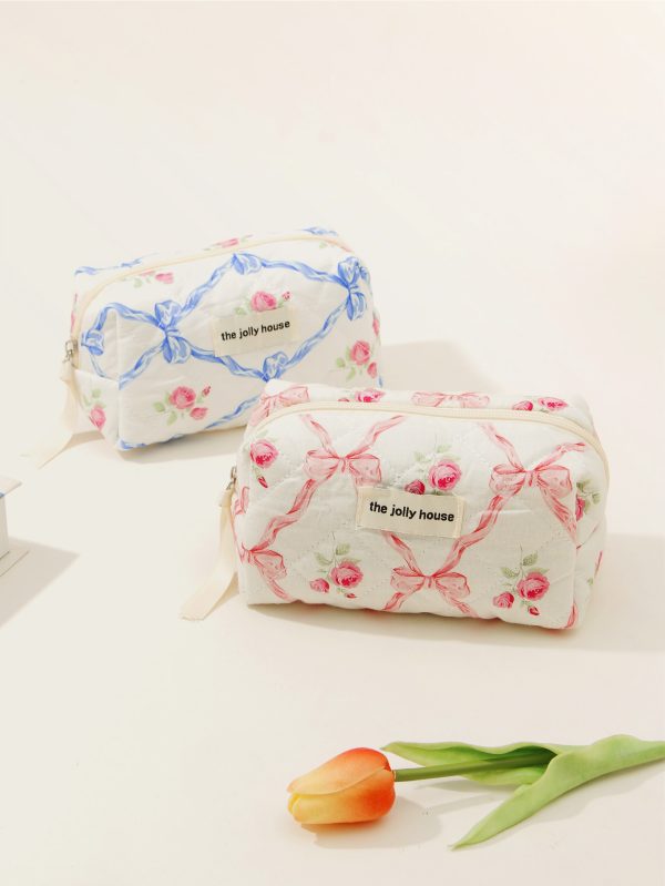 Makeup Bag Quilted Cosmetic Bag Large Floral Cosmetic Bag for Women Cotton Makeup Bag Set Flower Travel Toiletry Bag - 图片 10