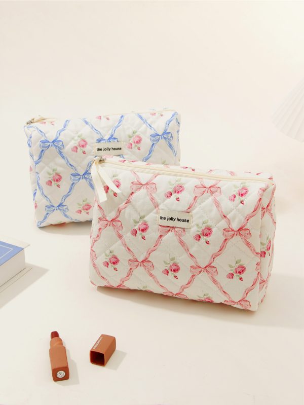 Makeup Bag Quilted Cosmetic Bag Large Floral Cosmetic Bag for Women Cotton Makeup Bag Set Flower Travel Toiletry Bag - 图片 11