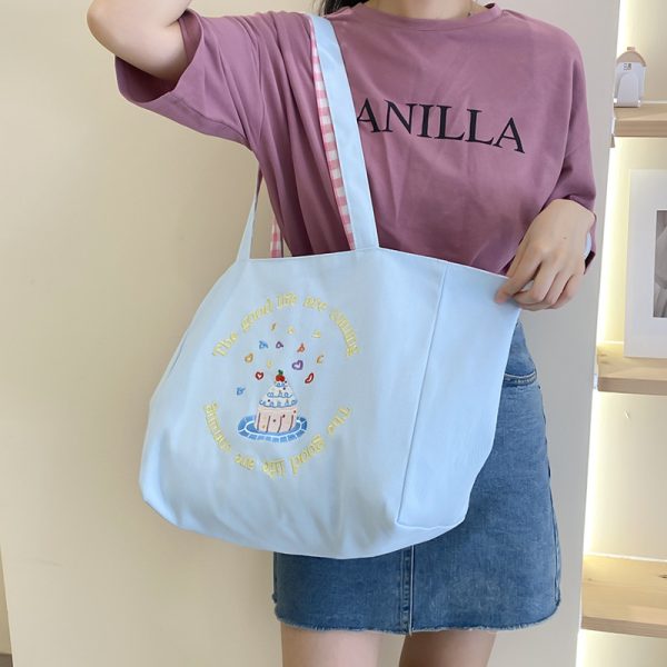 embroidery canvas tote bag summer beach bag cute shopping bag shoulder bag grocery bag - 图片 8